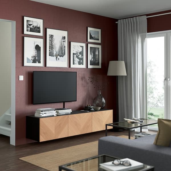 BESTÅ - TV bench with doors, black-brown/Hedeviken oak veneer, 180x42x38 cm - best price from Maltashopper.com 59422178