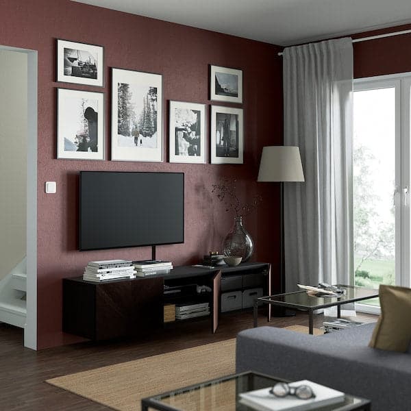 Ikea BESTÅ - TV bench with doors, black-brown Hedeviken/dark brown oak veneer, 180x42x38 cm