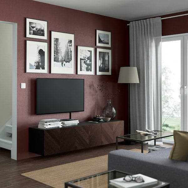 Ikea BESTÅ - TV bench with doors, black-brown Hedeviken/dark brown oak veneer, 180x42x38 cm