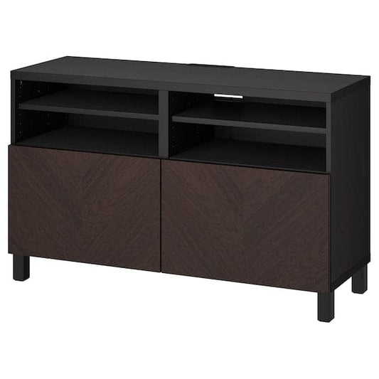 BESTÅ - TV bench with doors, black-brown Hedeviken/Stubbarp/dark brown stained oak veneer, 120x42x74 cm - best price from Maltashopper.com 69420485