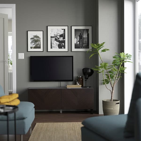 BESTÅ - TV bench with doors, black-brown Hedeviken/Stubbarp/dark brown stained oak veneer, 120x42x48 cm - best price from Maltashopper.com 79419617
