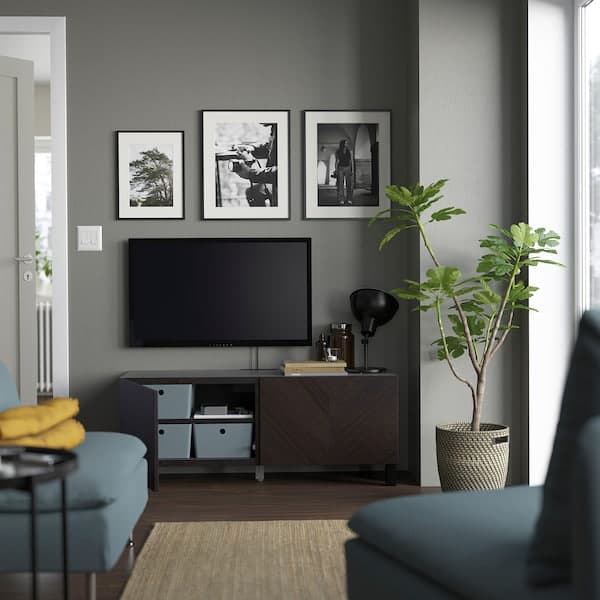 BESTÅ - TV bench with doors, black-brown Hedeviken/Stubbarp/dark brown stained oak veneer, 120x42x48 cm - best price from Maltashopper.com 79419617