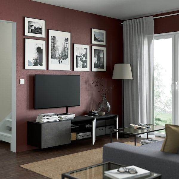 BESTÅ - TV bench with doors, black-brown/Kallviken concrete effect, 180x42x38 cm - best price from Maltashopper.com 19330661