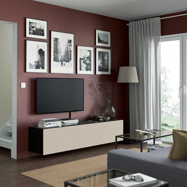 BESTÅ - TV bench with doors, black-brown/Lappviken light grey/beige, 180x42x38 cm - best price from Maltashopper.com 39422179