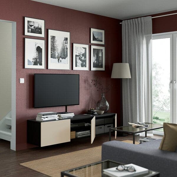 BESTÅ - TV bench with doors, black-brown/Lappviken light grey/beige, 180x42x38 cm - best price from Maltashopper.com 39422179