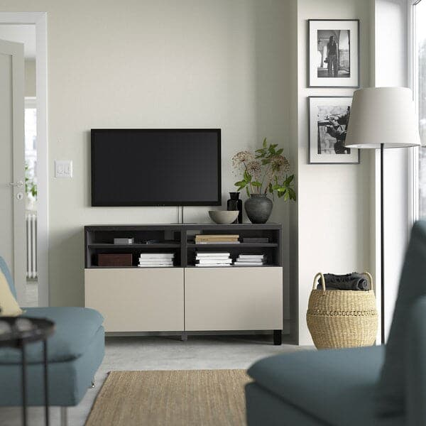 BESTÅ - TV bench with doors, black-brown/Lappviken/Stubbarp light grey/beige, 120x42x74 cm - best price from Maltashopper.com 09420488