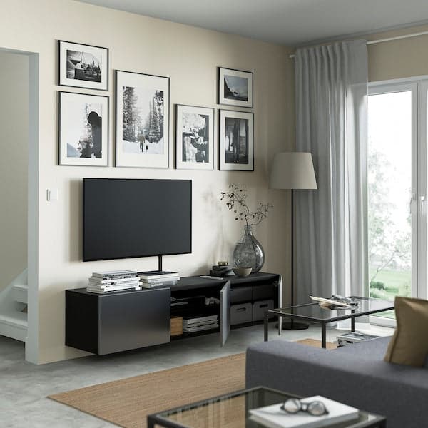 Ikea BESTÅ - TV bench with doors, black-brown/Riksviken brushed dark pewter effect, 180x42x38 cm