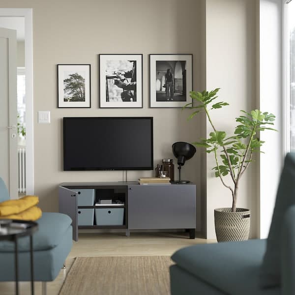 BESTÅ - TV bench with doors, black-brown/Riksviken/Stubbarp brushed dark pewter effect, 120x42x48 cm - best price from Maltashopper.com 39419898