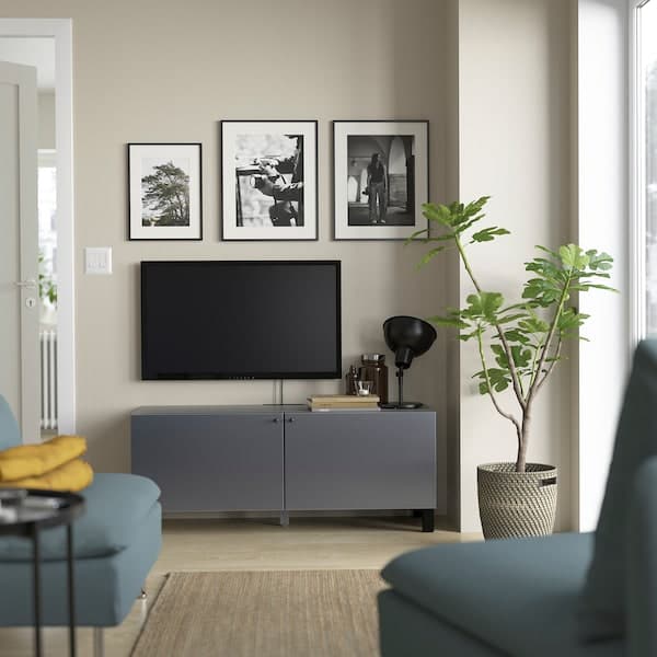 BESTÅ - TV bench with doors, black-brown/Riksviken/Stubbarp brushed dark pewter effect, 120x42x48 cm - best price from Maltashopper.com 39419898