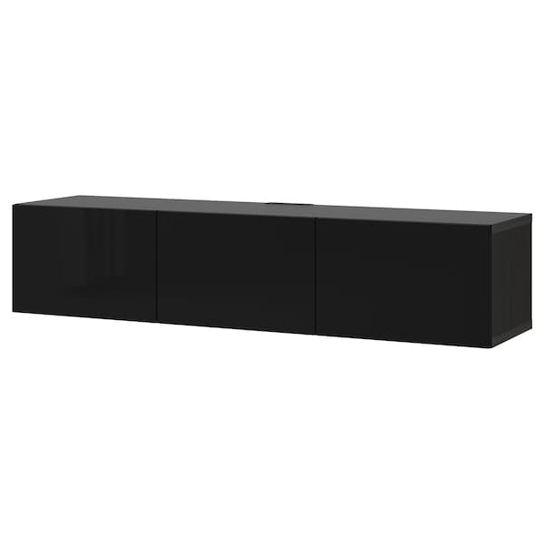 BESTÅ - TV bench with doors, black-brown/Selsviken high-gloss/black