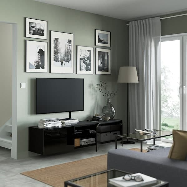 BESTÅ - TV bench with doors, black-brown/Selsviken high-gloss/black