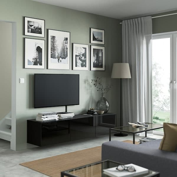 Ikea BESTÅ - TV bench with doors, black-brown/Selsviken high-gloss/black, 180x42x38 cm