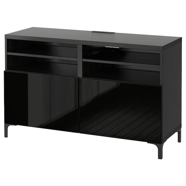 BESTÅ - TV bench with doors, black-brown/Selsviken/Nannarp high-gloss/black, 120x42x74 cm