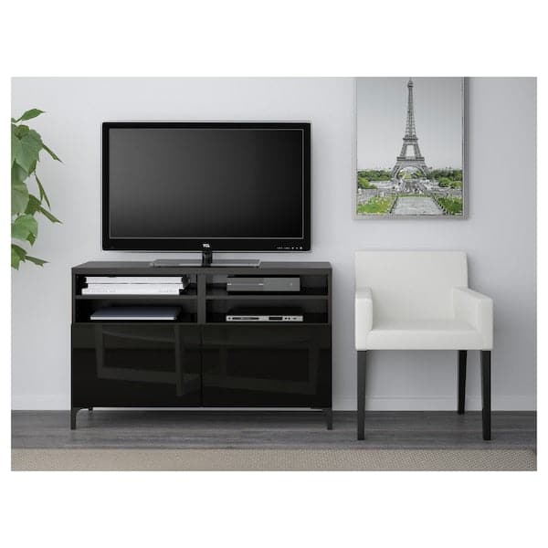 BESTÅ - TV bench with doors, black-brown/Selsviken/Nannarp high-gloss/black, 120x42x74 cm - best price from Maltashopper.com 19068306