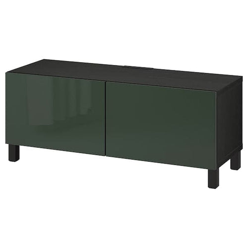 BESTÅ - TV bench with doors, black-brown/Selsviken/Stubbarp dark olive-green, 120x42x48 cm
