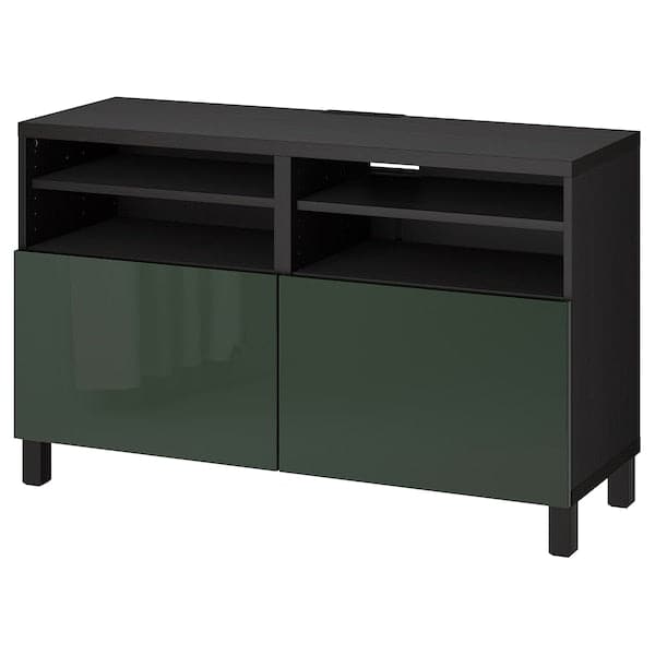 BESTÅ - TV bench with doors, black-brown/Selsviken/Stubbarp dark olive-green, 120x42x74 cm