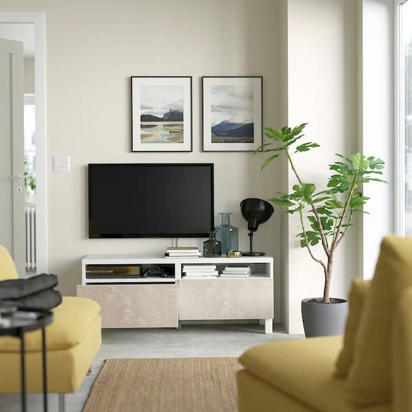 BESTÅ - TV cabinet with drawers, white/Bergsviken/Stubbarp beige, , 120x42x48 cm - best price from Maltashopper.com 49435874