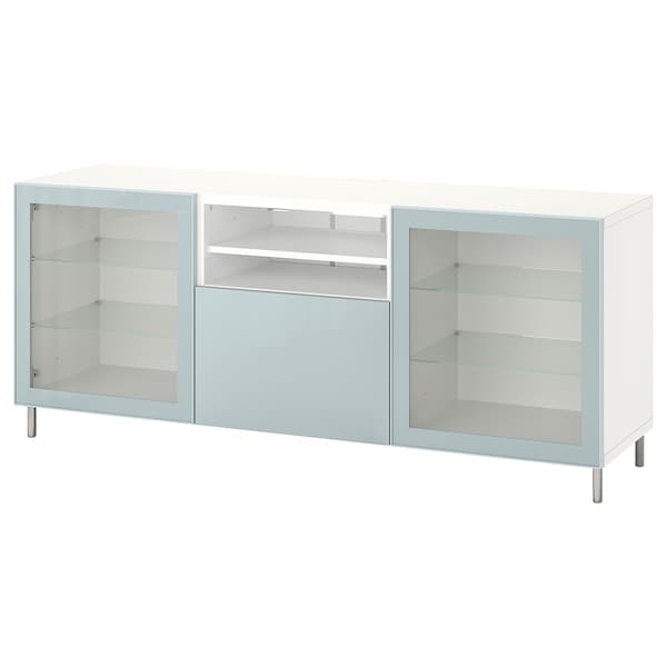 BESTÅ - TV bench with drawers, white Glassvik/Selsviken/Ösarp light grey-blue, 180x42x74 cm - best price from Maltashopper.com 29435931