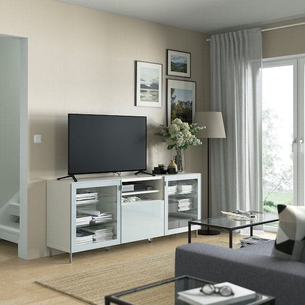 BESTÅ - TV bench with drawers, white Glassvik/Selsviken/Ösarp light grey-blue, 180x42x74 cm - best price from Maltashopper.com 29421509