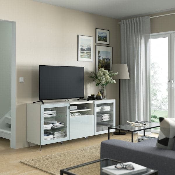 Ikea BESTÅ - TV bench with drawers, white Glassvik/Selsviken/Ösarp light grey-blue, 180x42x74 cm