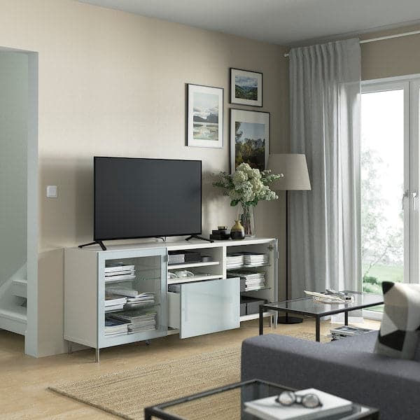 BESTÅ - TV bench with drawers, white Glassvik/Selsviken/Ösarp light grey-blue, 180x42x74 cm - best price from Maltashopper.com 29421509