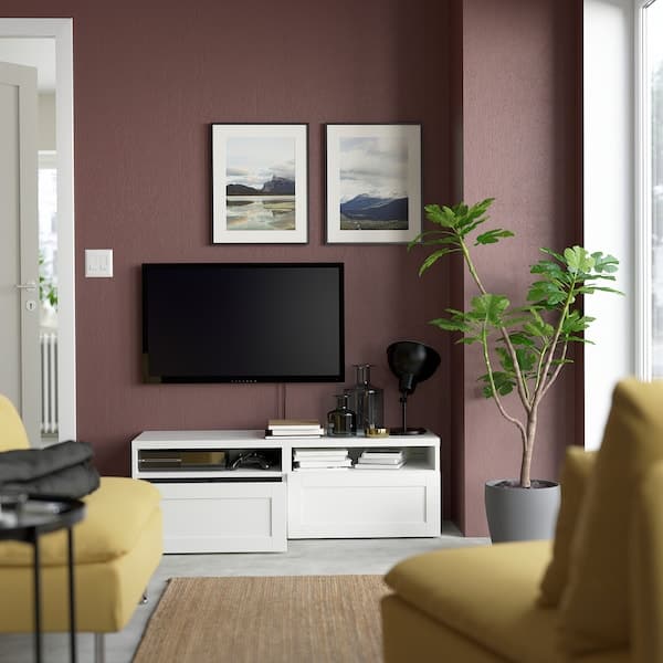 BESTÅ - TV bench with drawers, white/Hanviken white, 120x42x39 cm - best price from Maltashopper.com 89324317