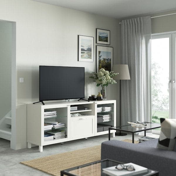 BESTÅ - TV bench with drawers, white/Hanviken/Stubbarp white clear glass, 180x42x74 cm - best price from Maltashopper.com 29400516