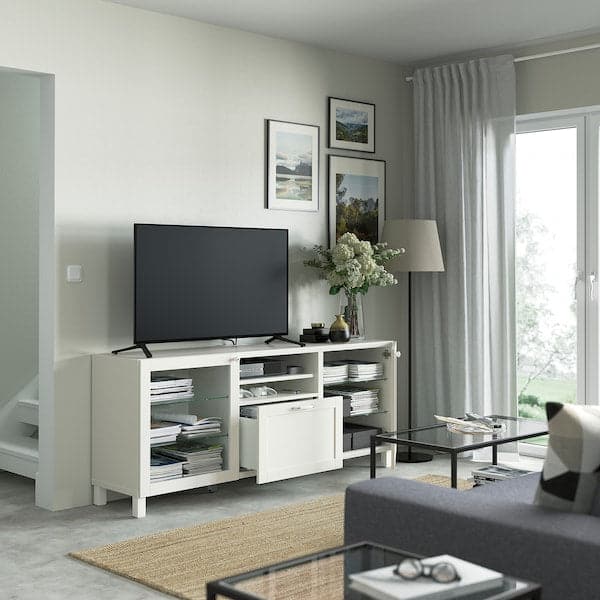 BESTÅ - TV bench with drawers, white/Hanviken/Stubbarp white clear glass, 180x42x74 cm - best price from Maltashopper.com 29194093