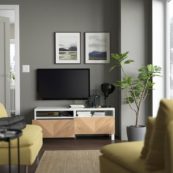 BESTÅ - TV bench with drawers, white/Hedeviken/Stubbarp oak veneer, 120x42x48 cm - best price from Maltashopper.com 39435860