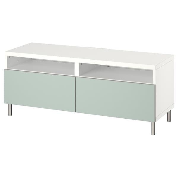 Ikea BESTÅ - TV bench with drawers, white/Hjortviken/Ösarp pale grey-green, 120x42x48 cm