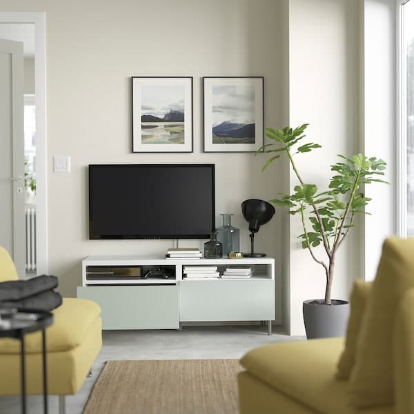Ikea BESTÅ - TV bench with drawers, white/Hjortviken/Ösarp pale grey-green, 120x42x48 cm