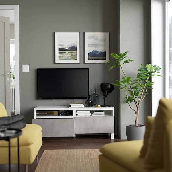 BESTÅ - TV bench with drawers, white/Kallviken/Stubbarp light grey, 120x42x48 cm - best price from Maltashopper.com 59419939