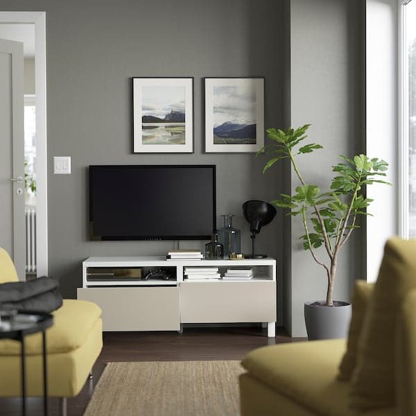 Ikea BESTÅ - TV bench with drawers, white/Lappviken/Stubbarp light grey/beige, 120x42x48 cm