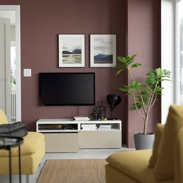 BESTÅ Mobile TV with drawers - white/Selsviken glossy/beige 120x42x39 cm , 120x42x39 cm - best price from Maltashopper.com 99324369