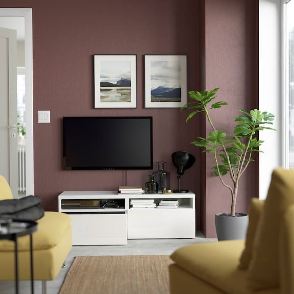 BESTÅ - TV bench with drawers, white/Selsviken high-gloss/white, 120x42x39 cm - best price from Maltashopper.com 89399176