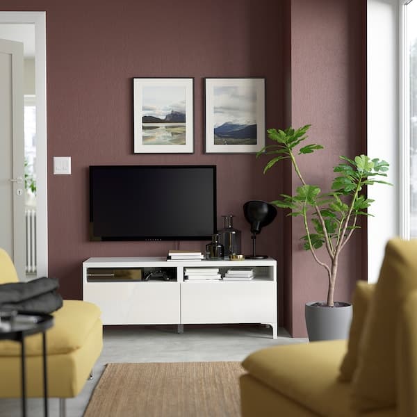 BESTÅ - TV bench with drawers, white/Selsviken high-gloss/white, 120x42x48 cm - best price from Maltashopper.com 09399203