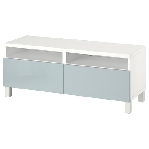 BESTÅ - TV bench with drawers, white/Selsviken/Stubbarp light grey-blue, 120x42x48 cm