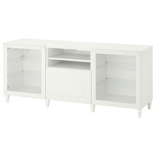 BESTÅ - TV bench with drawers, white/Smeviken/Kabbarp white clear glass, 180x42x74 cm - best price from Maltashopper.com 69400519