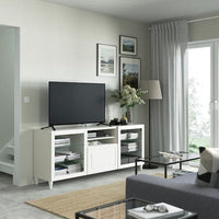 BESTÅ - TV bench with drawers, white/Smeviken/Kabbarp white clear glass, 180x42x74 cm - best price from Maltashopper.com 69400519