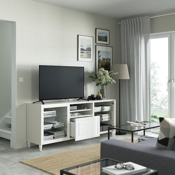 BESTÅ - TV bench with drawers, white/Smeviken/Kabbarp white clear glass, 180x42x74 cm - best price from Maltashopper.com 49384558
