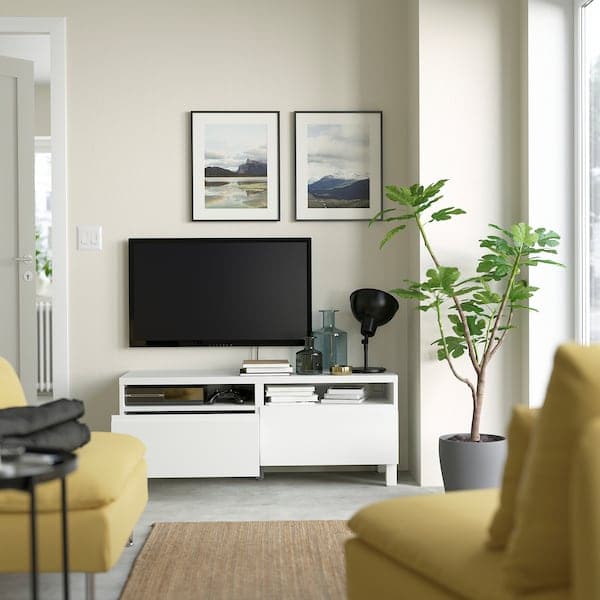 Ikea BESTÅ - TV bench with drawers, white/Västerviken/Stubbarp white, 120x42x48 cm