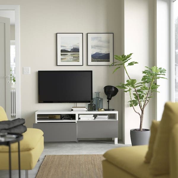 BESTÅ - TV bench with drawers, white/Västerviken/Stubbarp dark grey, 120x42x48 cm - best price from Maltashopper.com 29420005