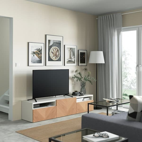 BESTÅ - TV bench with drawers and door, white/Hedeviken oak veneer, 180x42x39 cm - best price from Maltashopper.com 59420301