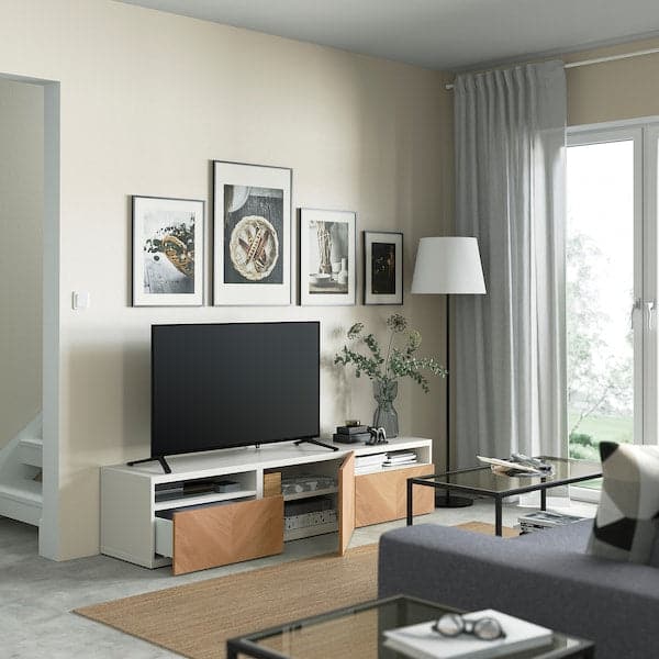 BESTÅ - TV bench with drawers and door, white/Hedeviken oak veneer, 180x42x39 cm - best price from Maltashopper.com 59420301
