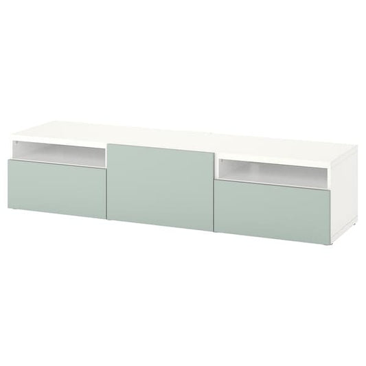 Ikea BESTÅ - TV bench with drawers and door, white/Hjortviken pale grey-green, 180x42x39 cm
