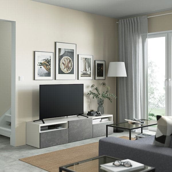 Ikea BESTÅ - TV bench with drawers and door, white/Kallviken dark grey, 180x42x39 cm