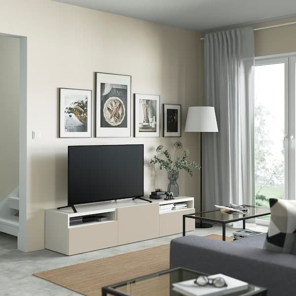 Ikea BESTÅ - TV bench with drawers and door, white/Lappviken light grey/beige, 180x42x39 cm