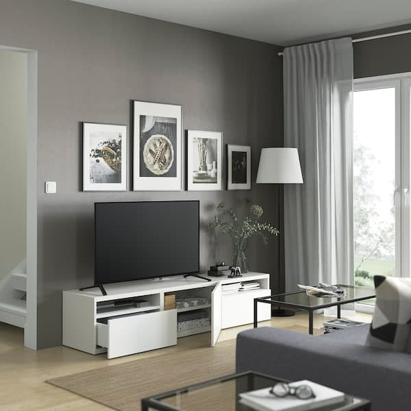 BESTÅ - TV bench with drawers and door, white/Laxviken white, 180x42x39 cm - best price from Maltashopper.com 09435890