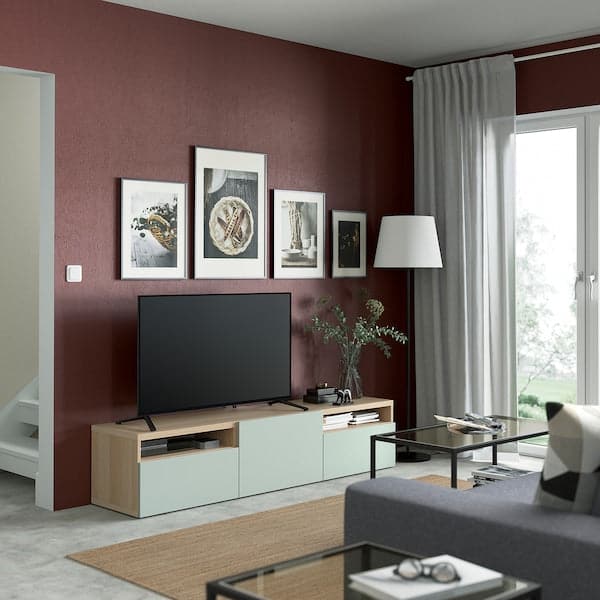 Ikea BESTÅ - TV bench with drawers and door, white stained oak effect/Hjortviken pale grey-green, 180x42x39 cm
