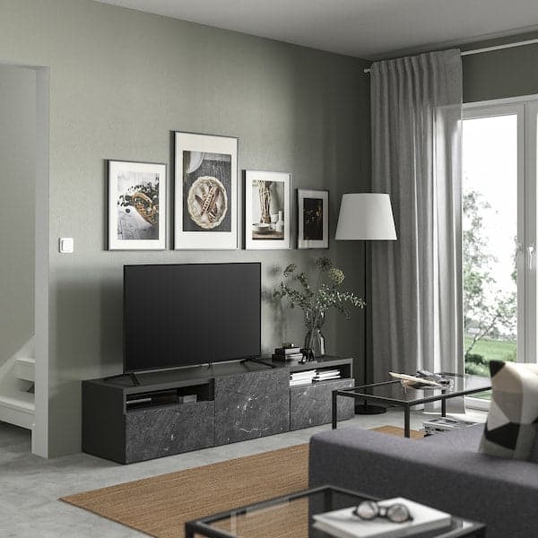 Ikea BESTÅ - TV bench with drawers and door, dark grey/Bergsviken black, 180x42x39 cm